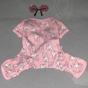 (Two) x-small pink dog onesies , with sun glasses